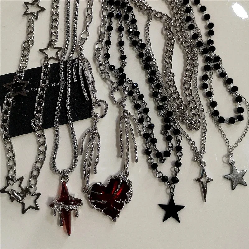 Punk Rock Y2K Black Star Cross Red Heart Pendant Ghost Claw Choker Chain Necklace Men Women Goth Vintage Grunge EMO Akcesoria — 2