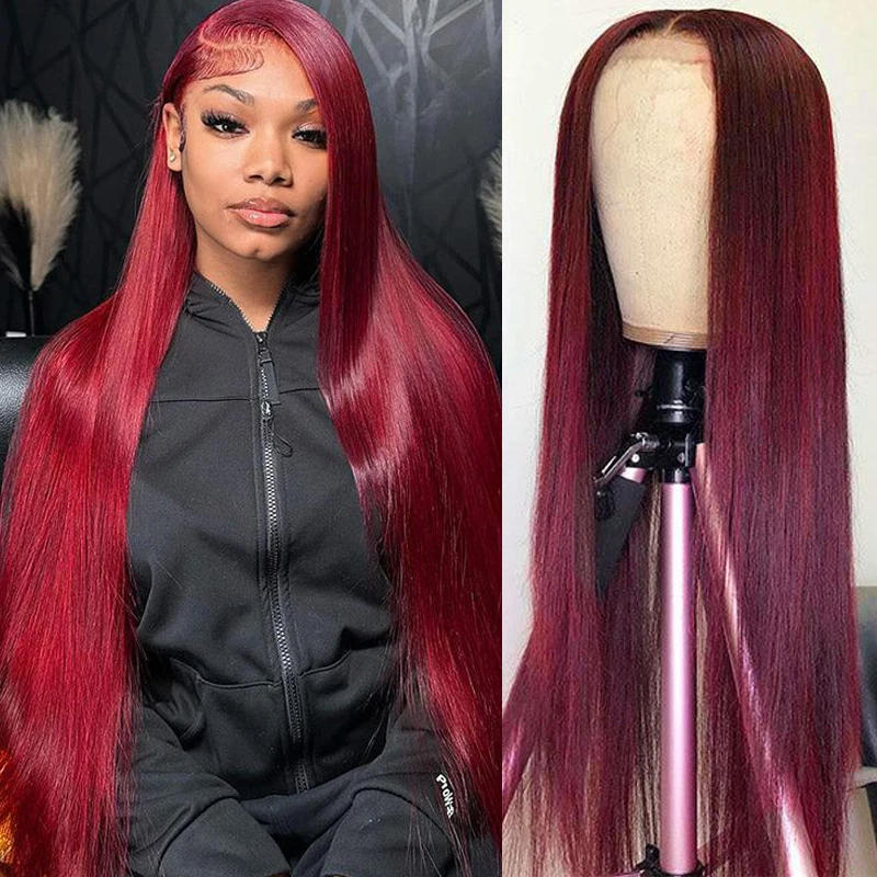 Pelucas frontales de encaje para mujeres negras, cabello humano liso rojo 99j, 13x6, densidad del 200, encaje frontal 13x4, prearrancado