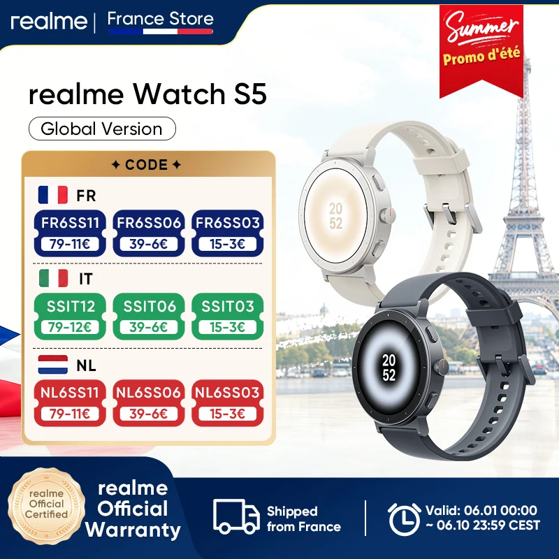 Nuevo reloj inteligente realme Watch S5 2026 con pantalla ultrabrillante de 1500nit, GPS con 5 GNSS, 110 modos deportivos, resistente al agua 5ATM