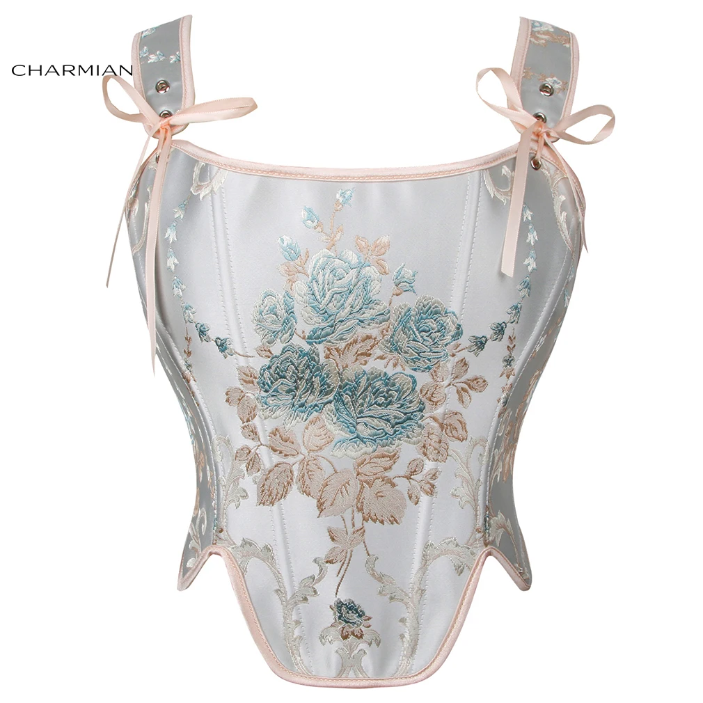 

Charmian Vintage Floral Embroidered Corset Top Women's Victorian Palace Overbust Bustier Bodice Lace Up Renaissance Costume Vest