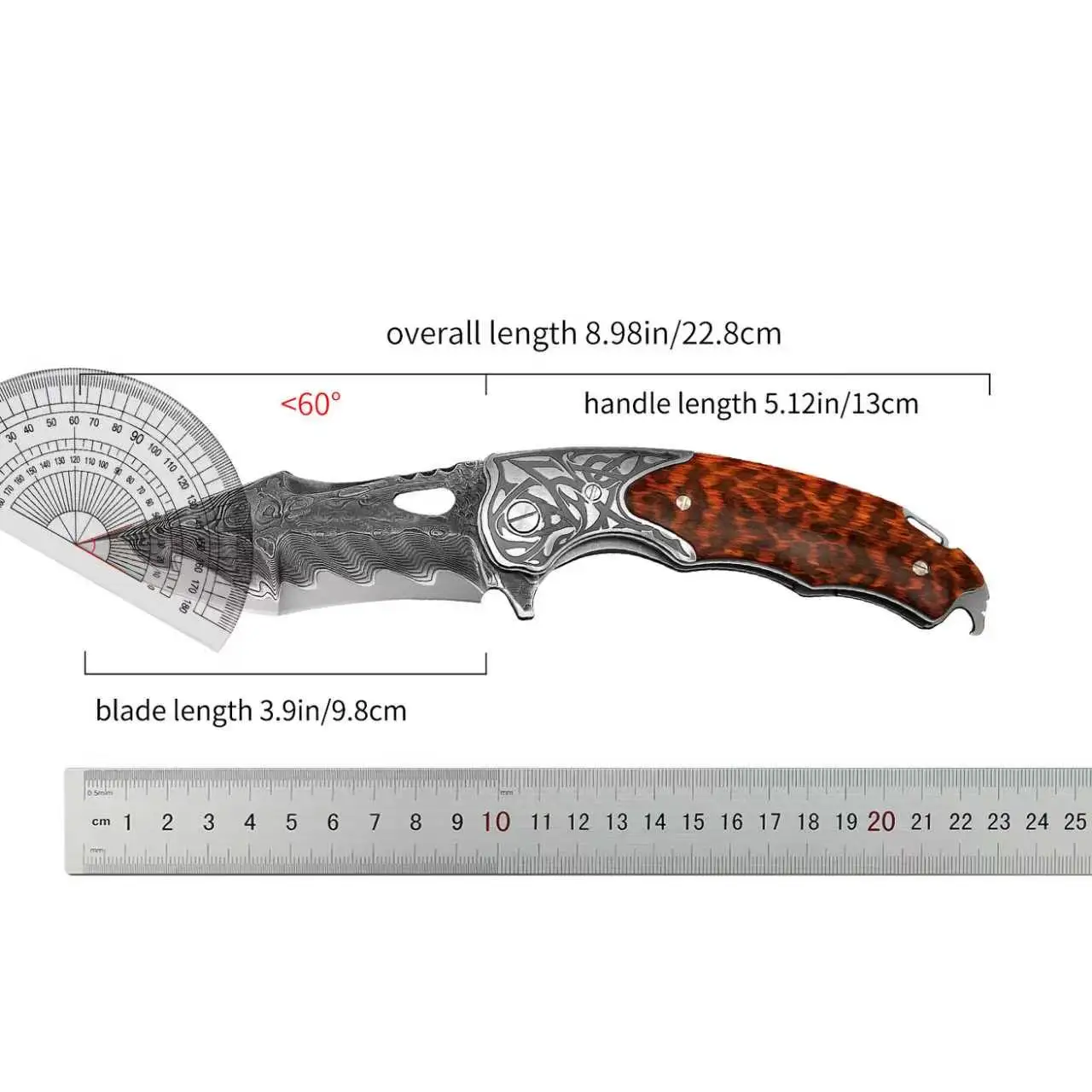VG10 Damascus Folding Knife – Utility Multipurpose Portable Pocket Tool for Outdoor Hiking Camping with Snake Wood Handle & Leat