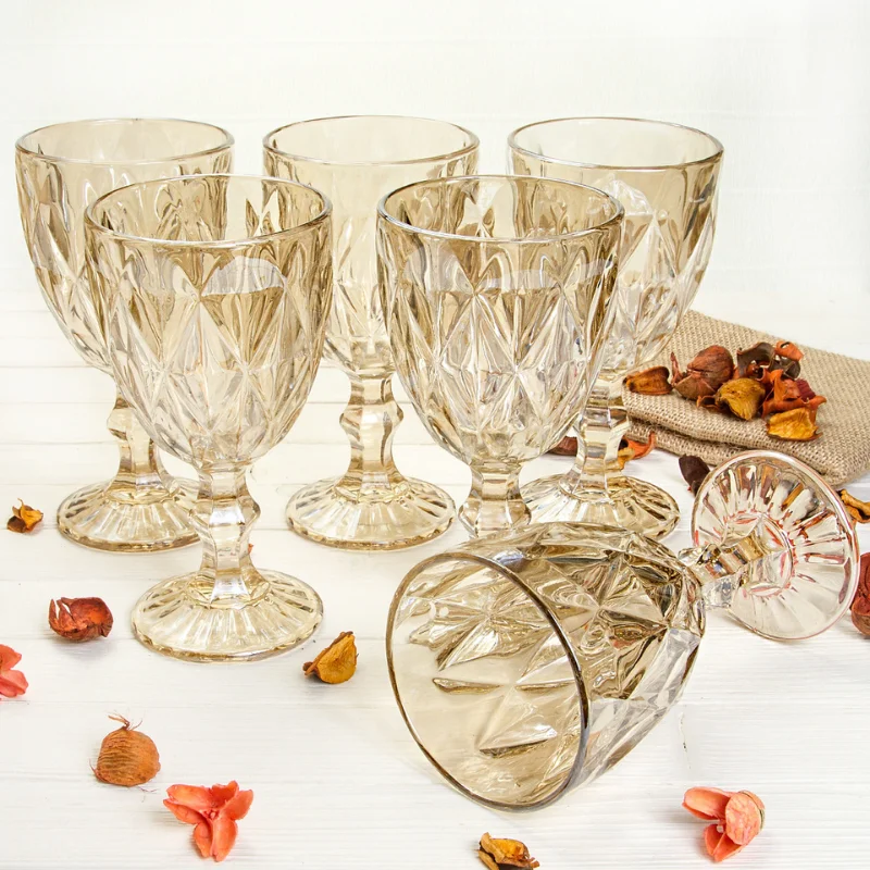 Set of 6 Diamond Bowls (Diamond Brown, Transparent, Blue, Smoke and Brown) Glass Elegance Cup