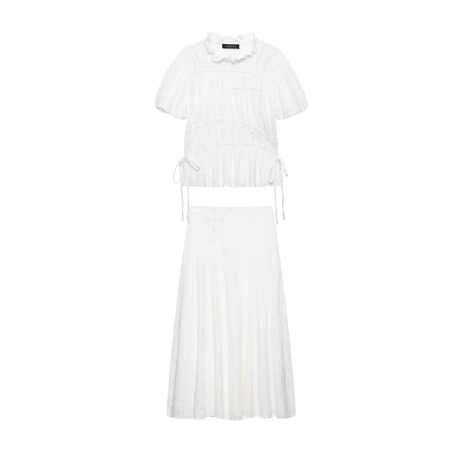 French Vintage White Eyelet Lace 2 Piece Set Women Smocked Ruffle Blouse Crop Top High Waist Embroidery Midi Skirt Outfits