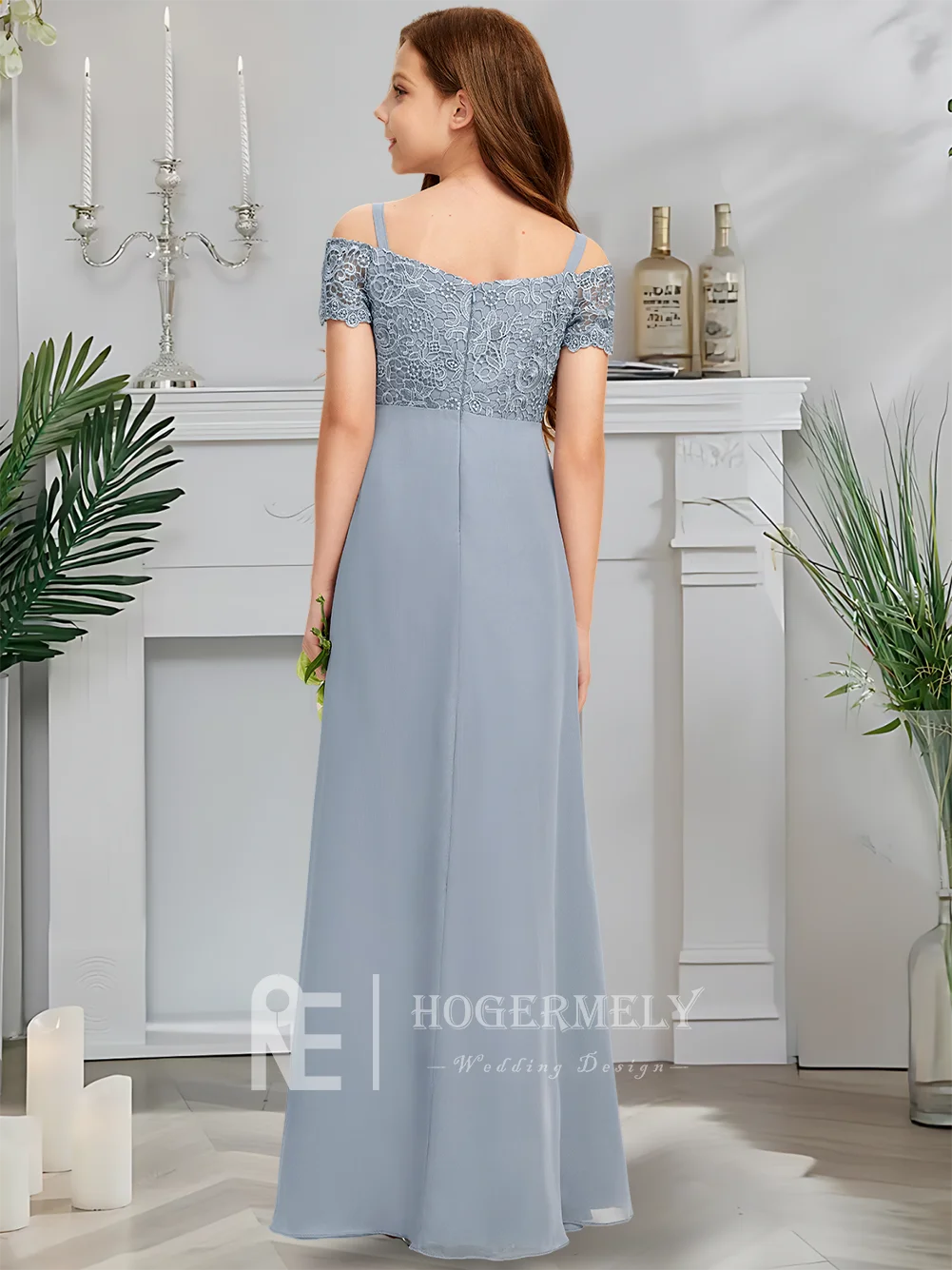 

B Kids Child Cold Shoulder Junior Bridesmaid Dress Twilight Blue Flower Girl Dress Floor-Length Chiffon Lace Cascading Ruffles