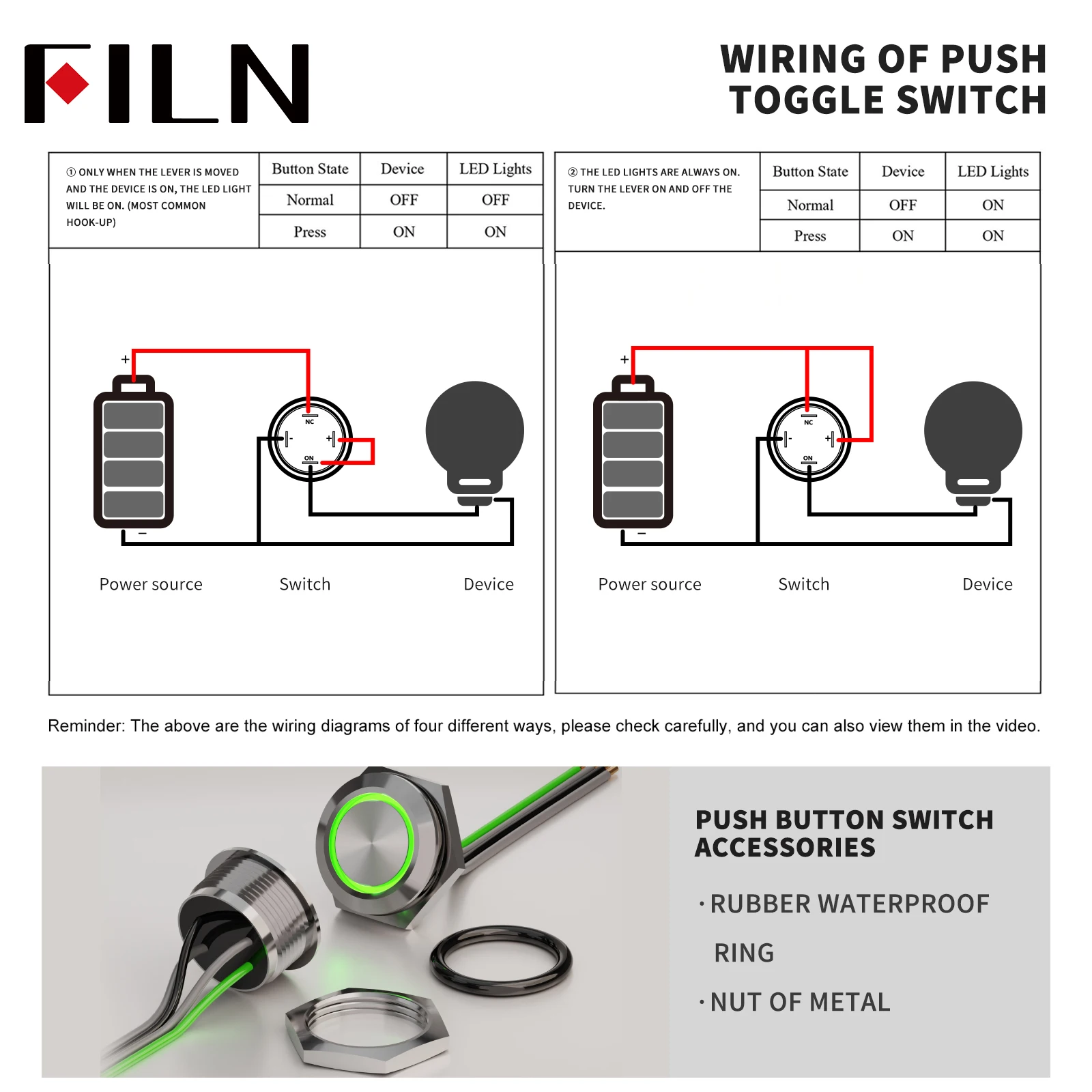 FILN 19mm Ultradünner Metall-LED-Schalter Wasserdichter Druckknopf mit Kabelbaum 12V 24V für Auto, Marine und Industrie – Detail 1