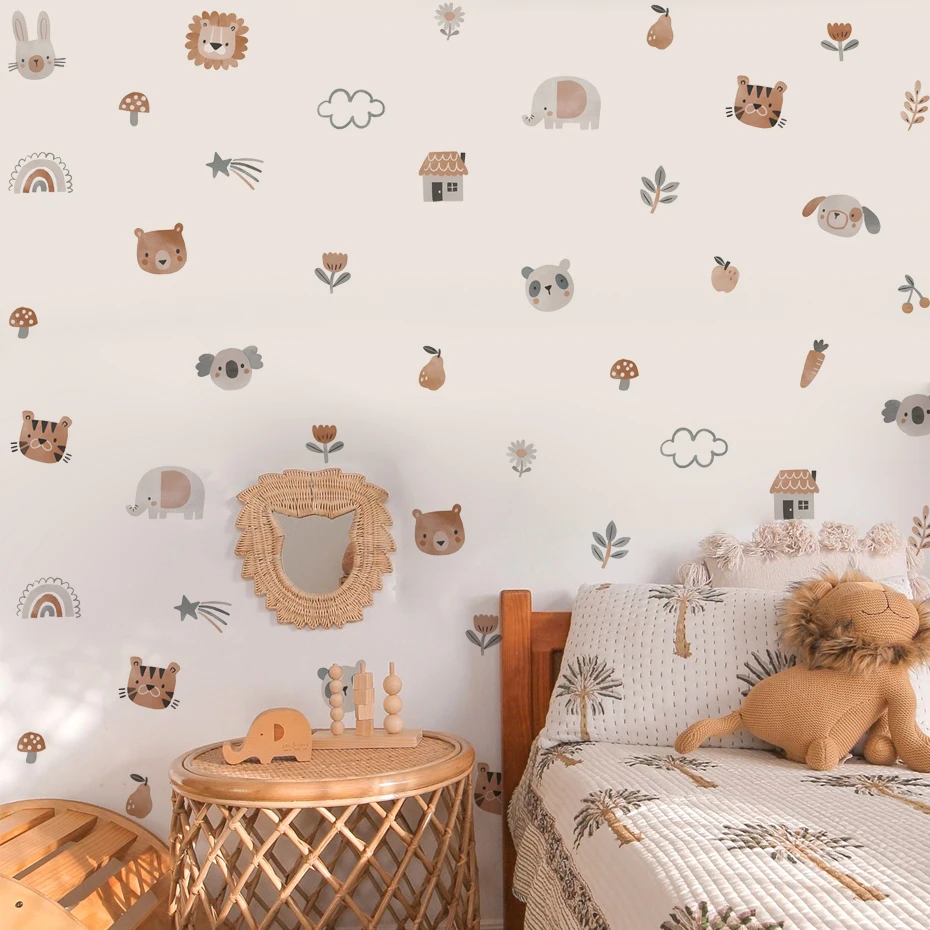 

Boho Cartoon Animals Plant Lion Koala Watercolor Wall Sticker Child Room Art Decor Kid Room Decoration Bedroom Living Home Decor