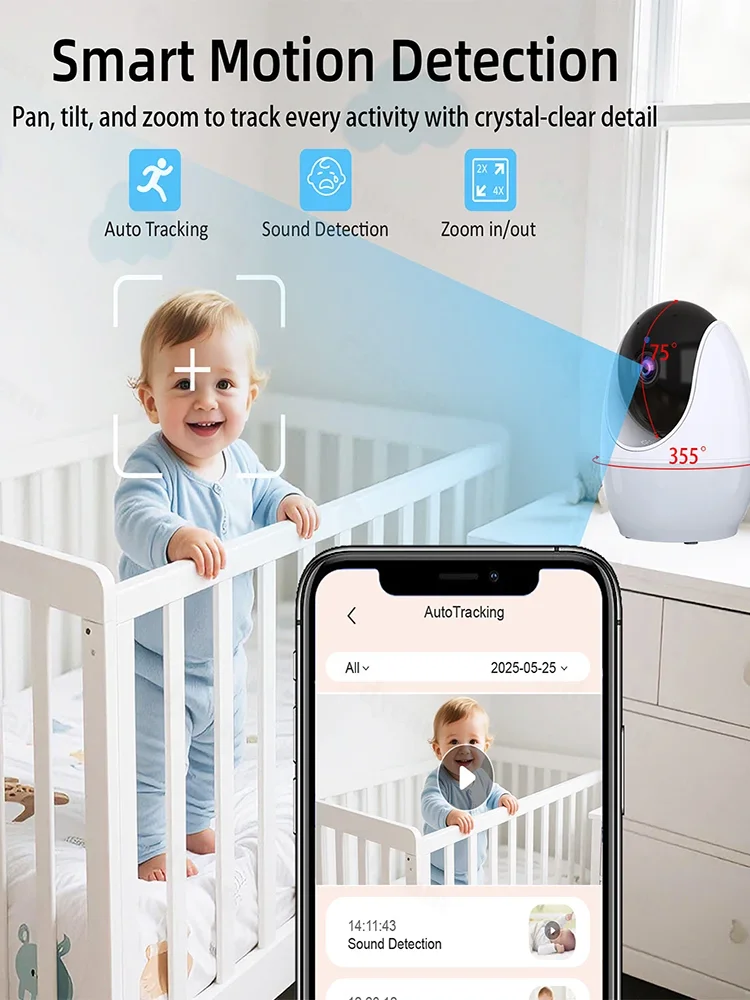 Monitor dla dziecka z ekranem 4,3 cala, rozdzielczością 1080P HD, łącznością Wi-Fi, funkcją nagrywania wideo, funkcją aktywacji głosem (Vox), noktowizorem na podczerwień, funkcją odtwarzania kołysank, (Baby Monitor) — Zdjęcie 2 z 2
