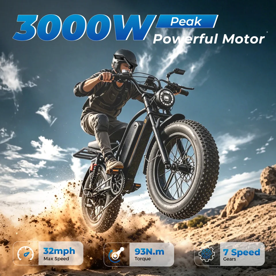 Jasion Electric Bike 5 Riding Modes Ebike,52V 20AH Battery E Bike,Dual Suspension, 7-Speed Electric Bicycle,20"x4.0" Fat Tire E-Bike, Full Suspension image 2