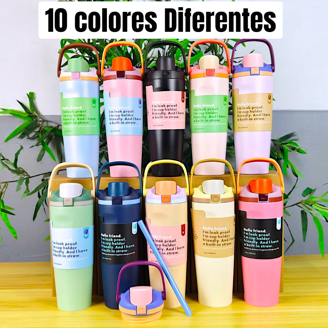 Botella térmica reutilizable con popote integrado y asa,FAB-29, Termo moderno de acero inoxidable 304, 900 ml, práctico, ligero y duradero para el día a día,Tapa Hermética con Boquilla Abatible, Popote Reutilizable, Ai