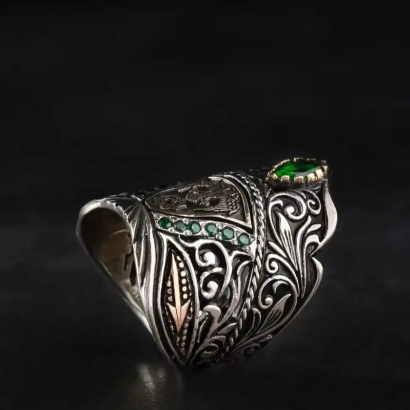 Double Headed Eagle Silver Thumb Ring Zihgir Adjustable No Size Needed Gift Men's Rings Handmade Green Zircon Stone Ring