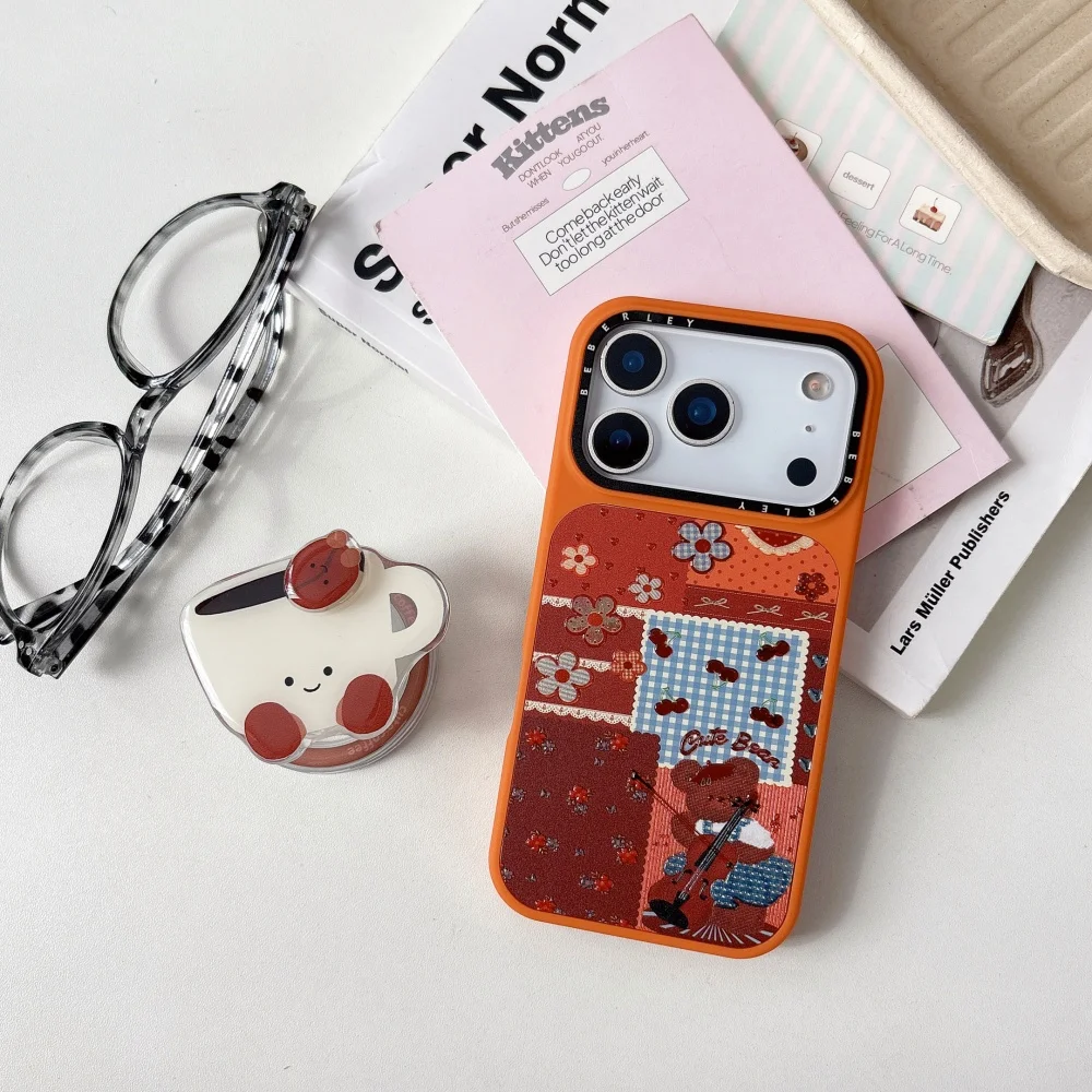 قهوة الدب الموسيقية ثلاثية الأبعاد المنقوشة لحافظة الهاتف المحمول ذات الحامل المغناطيسي، مناسبة لهاتف iPhone 14/15/16/17Pro، حافظة واقية