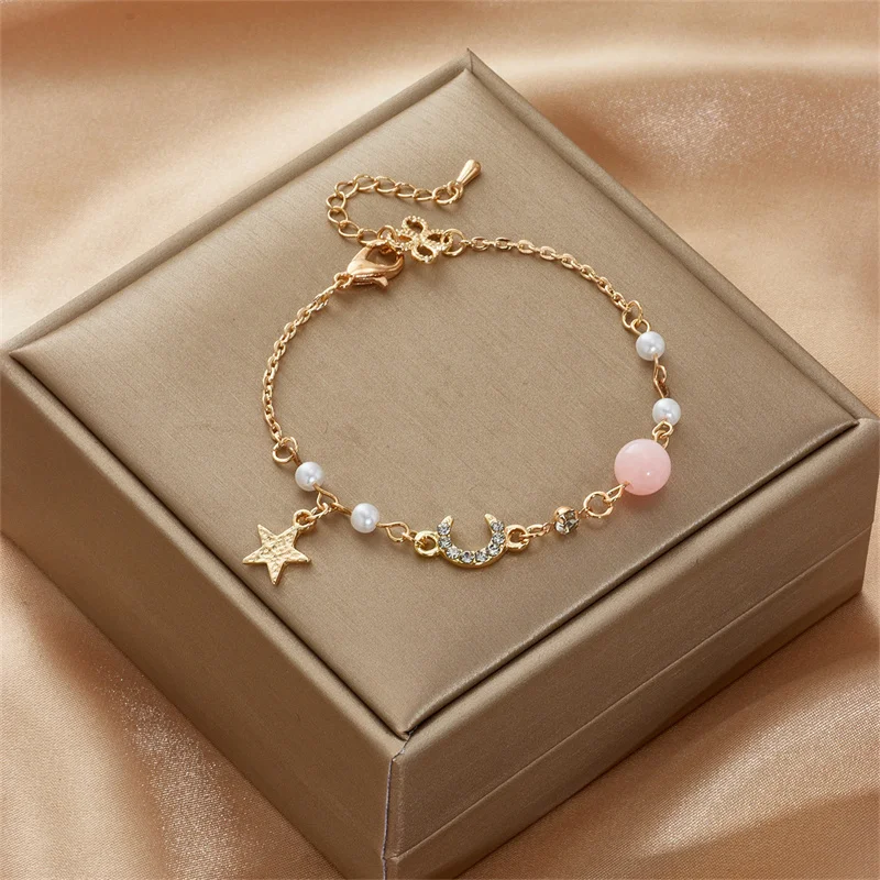 

Korean Fashion Cute Star Moon Bracelets For Women Colorful Natural Stone Zircon Adjustable Pearl Chain Bracelet Wedding Jewelry