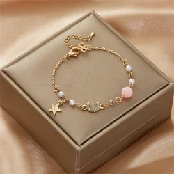 Korean Fashion Cute Star Moon Bracelets For Women Colorful Natural Stone Zircon Adjustable Pearl Chain Bracelet Wedding Jewelry