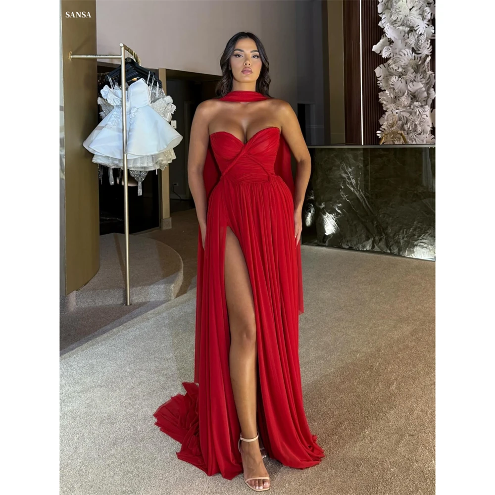 

Sansa Customized Red A-line Side Split With Shawl Prom Dresses Pleats Sleeveless Vestidos De Noche Floor-Length Formal Evening