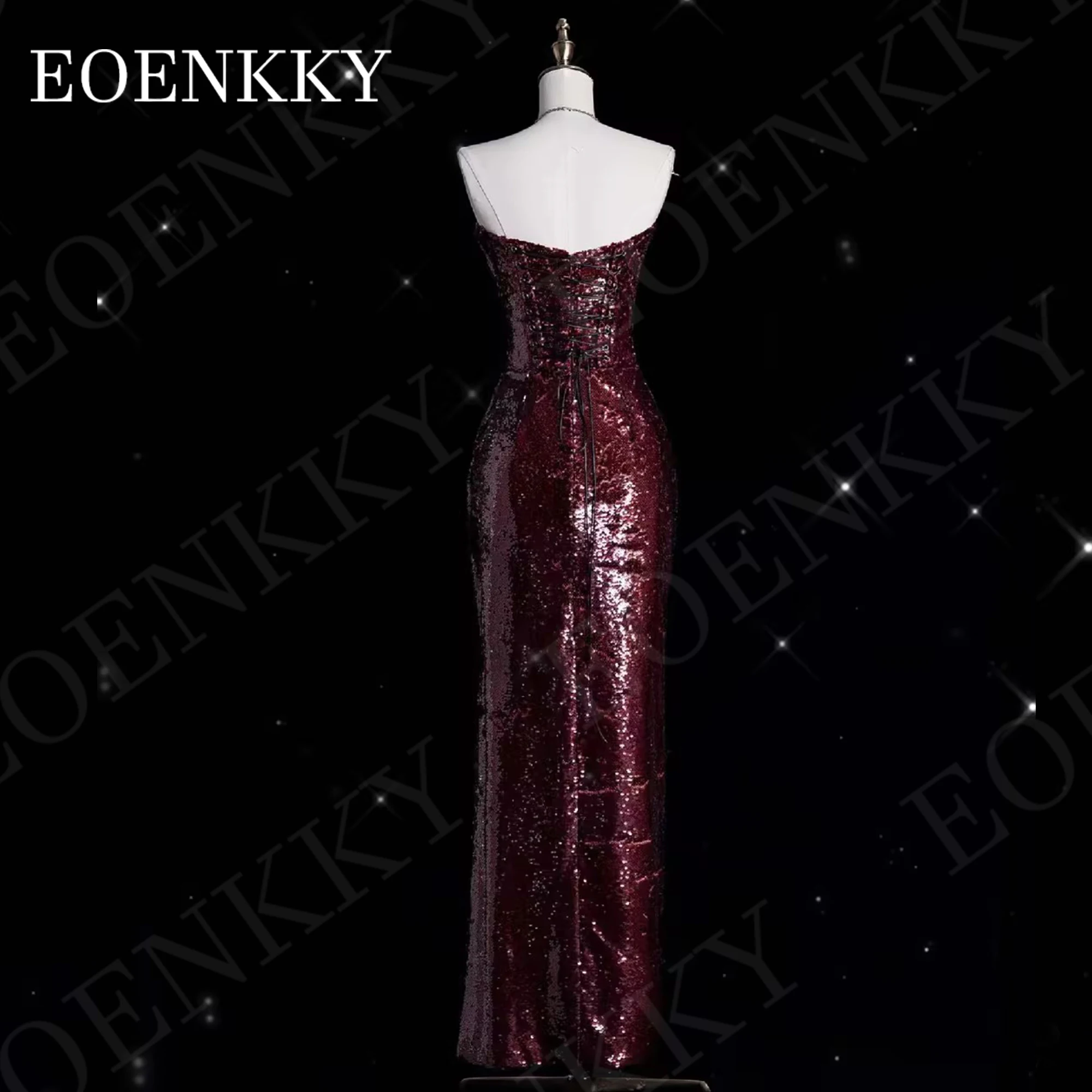 Burgundy Mermaid Evening Dresses 2024 Strapless robes de soirée Scoop Neck Sequin Slit Wedding Party Dress Floor Length Backless