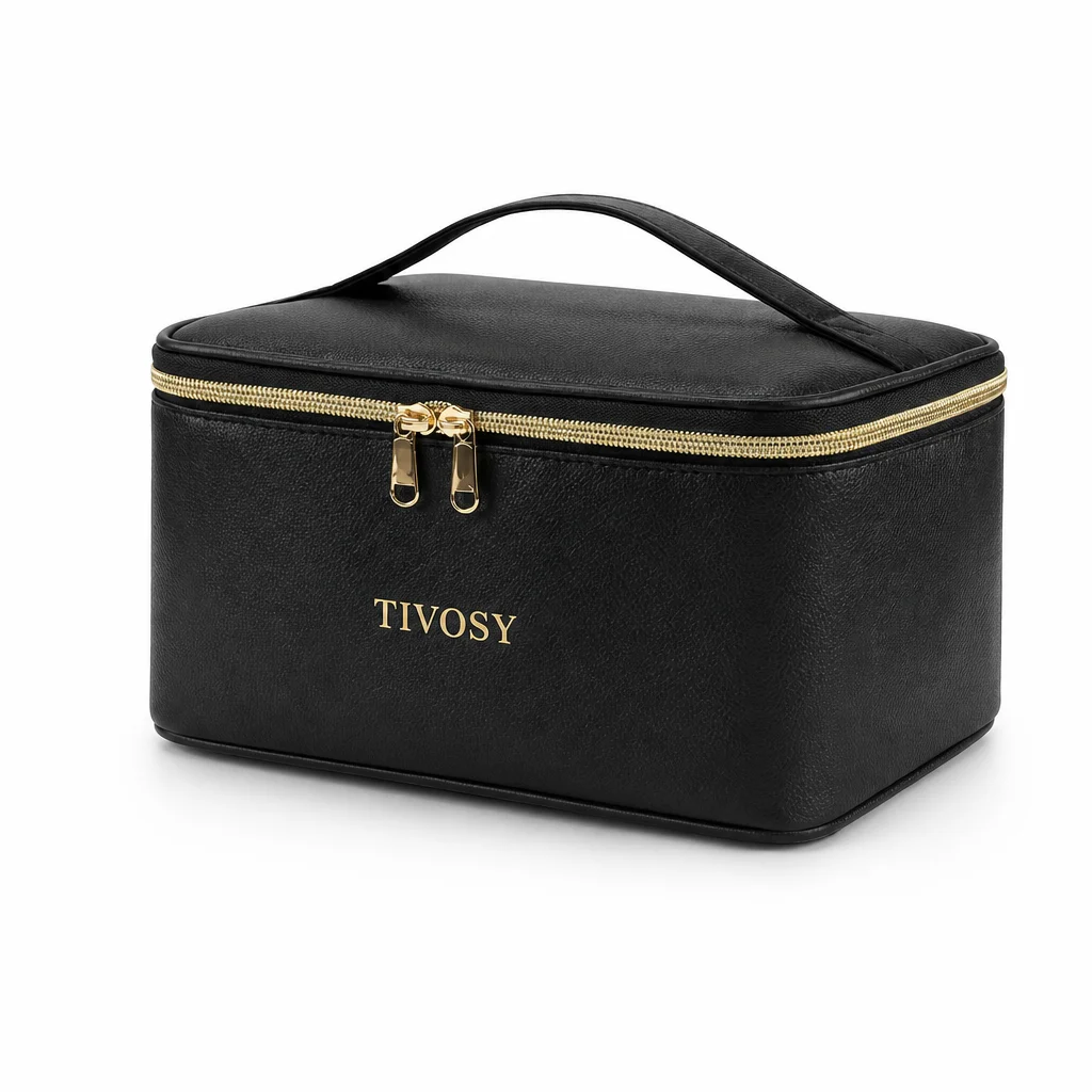 Tivosy Large Makeup Bag, Travel Toiletry Organizer with Adjustable Dividers & Brush Holder, Vegan Leather Case