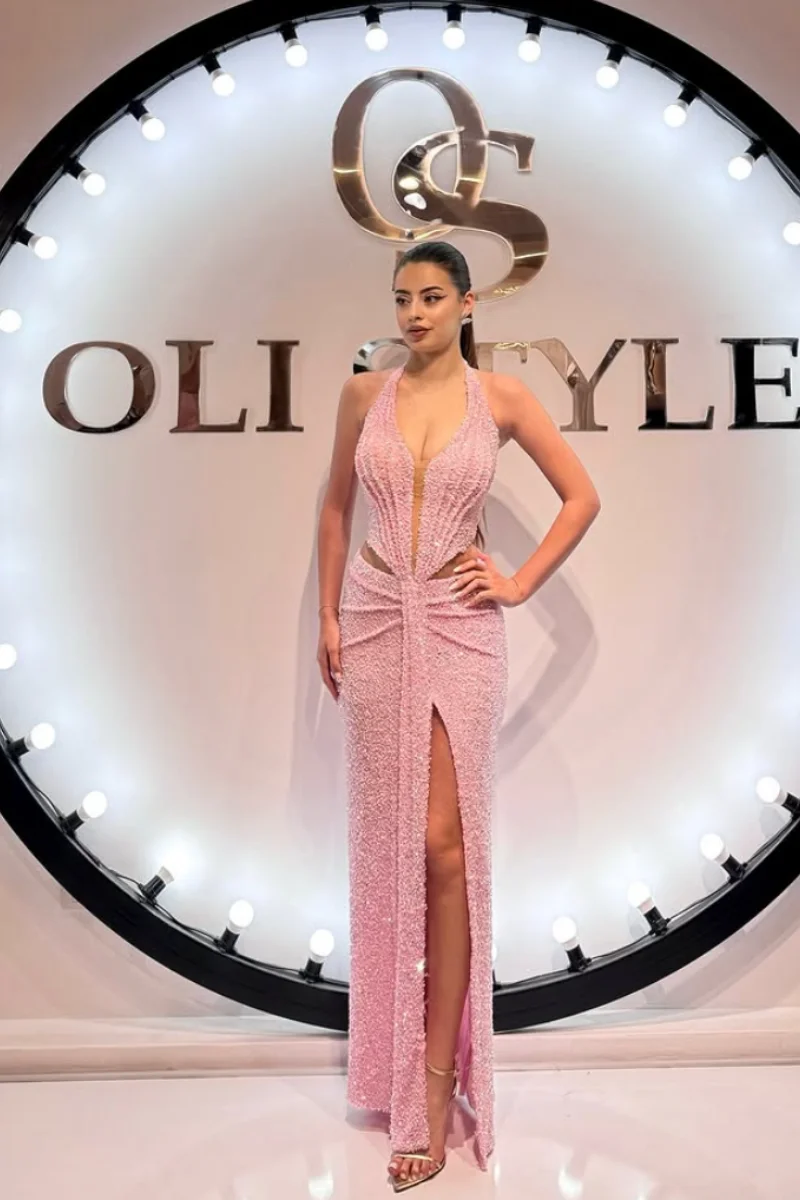 Jessica Sweet Pink Evening Dresses Glitter Sequins Luxury Prom Dresses V-neck With Hollow Waist Party Dresses Customized