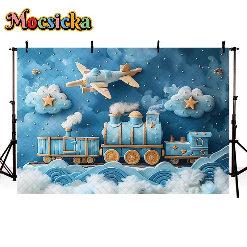 Mocsicka Photography Background Blue Fantasy Train Starry Sky Decor Cake Smash Birthday Kids Portrait Backdrop Photo Studio