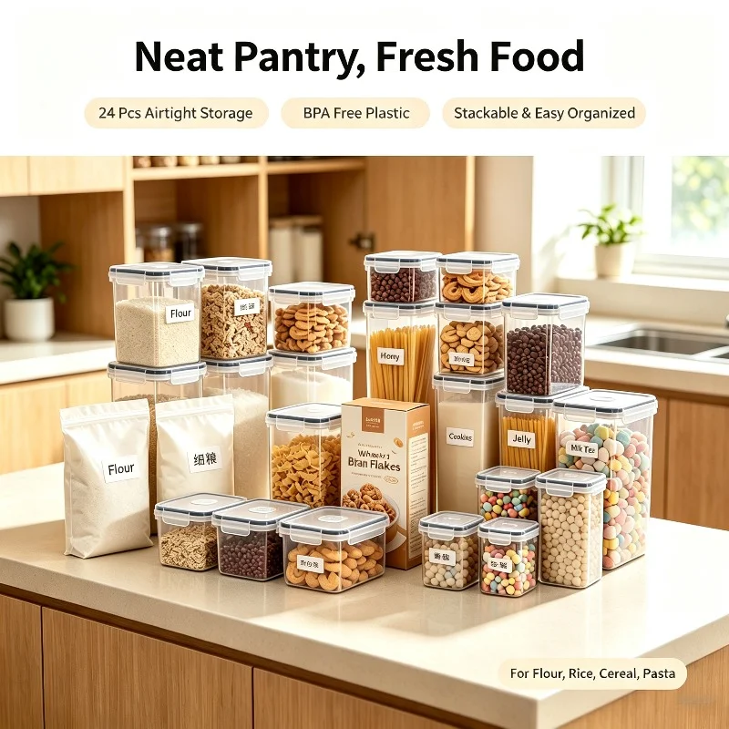 24‑Pack Airtight Food Storage Containers with Grey Lids, BPA‑Free Stackable Plastic Kitchen Pantry Organizer for Dry Food Flour Rice Pasta Cereal, Come with 24 Chalkboard Labels & Marker