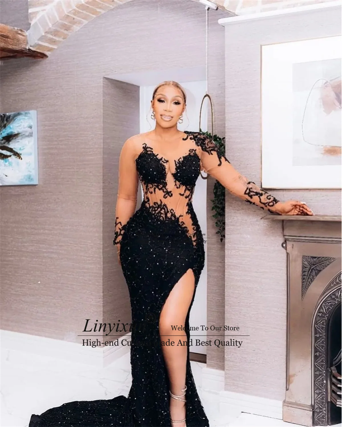 Arabic Aso Ebi Black Mermaid Prom Dresses Sparkly Lace Beaded Sexy Evening Party Full Sleeves Second Reception Birthday Gowns