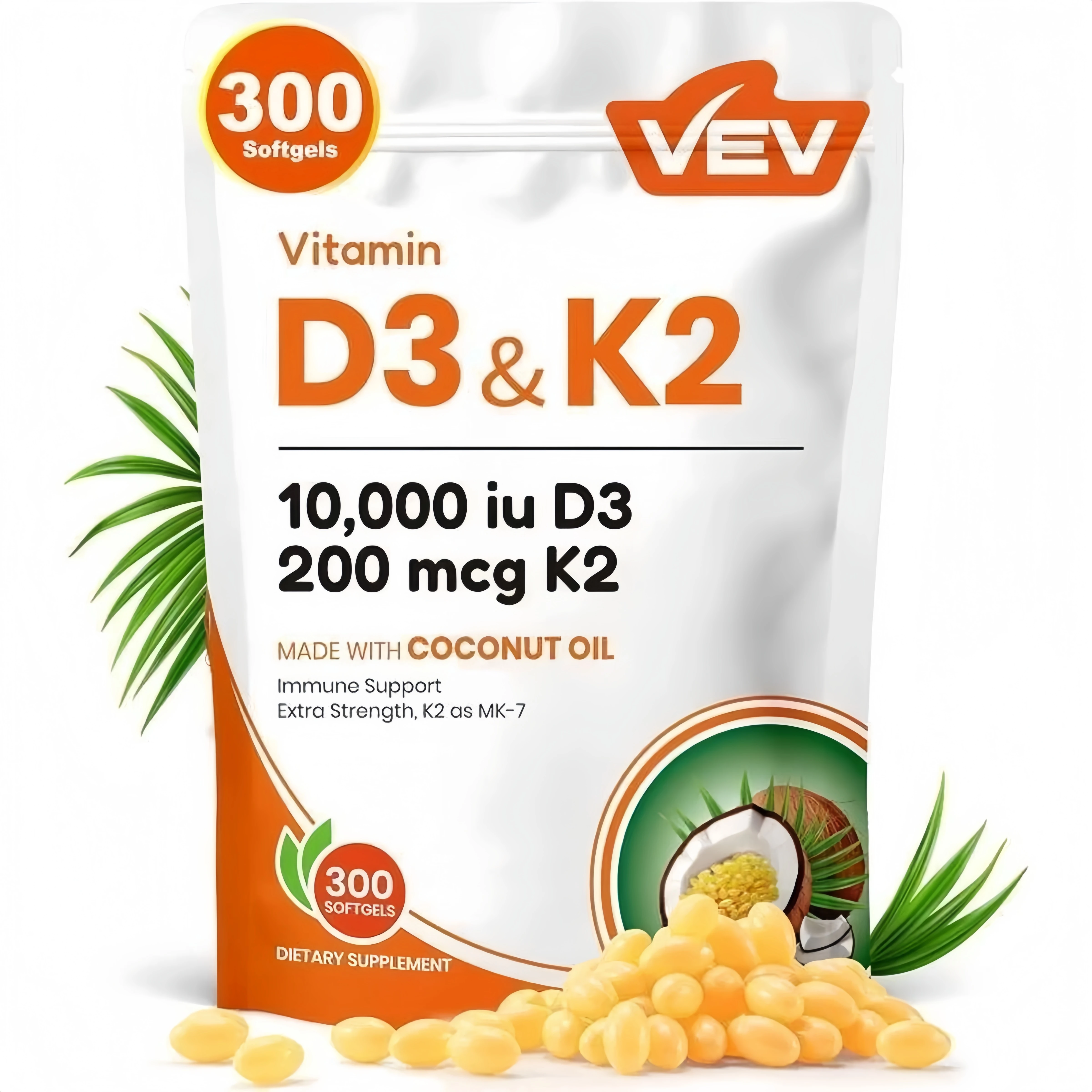 D3 K2 10000 IU Softgels with Coconut Oil, 2-in-1 Support 300 Ct
