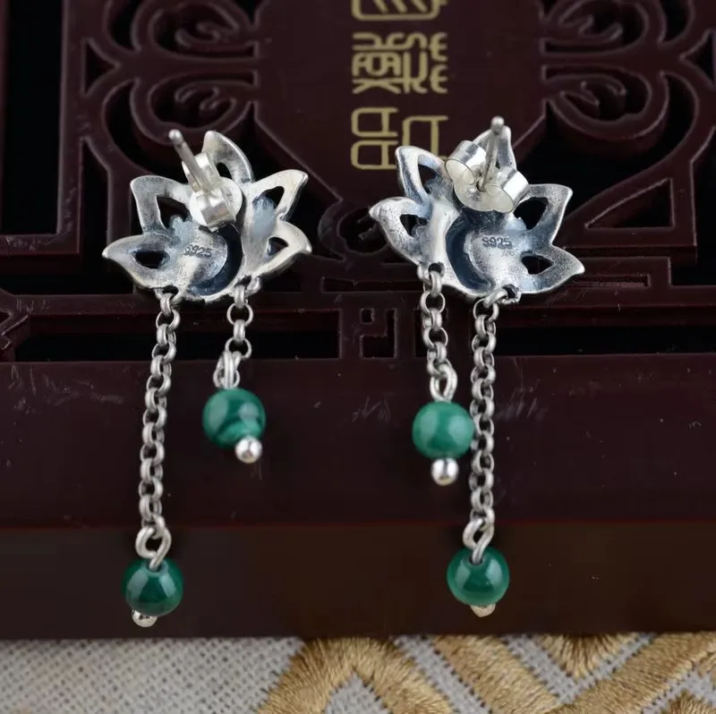 

KJJEAXCMY925 sterling silver vintage antique craftsmanship earrings inlaid with peacock stone tassels long style women Gift