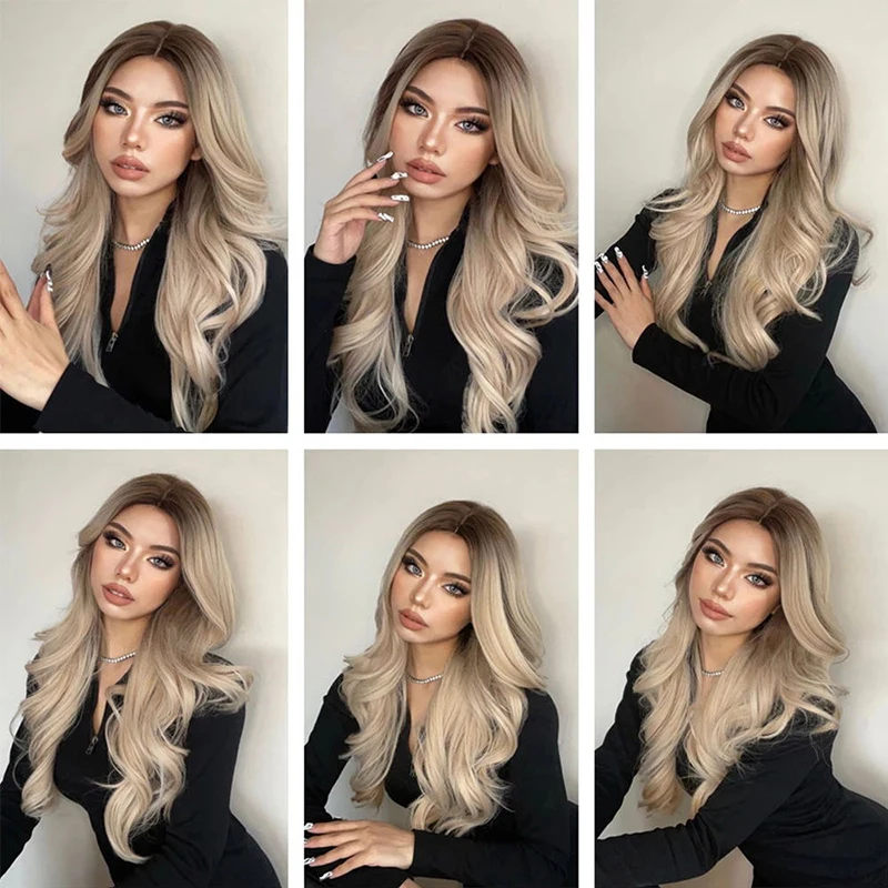 Perruque Lace Front Wig synthétique longue ondulée ombrée, cheveux naturels, brun, blond clair, 10%, Cosplay mixte, résistant à la chaleur, pour femmes