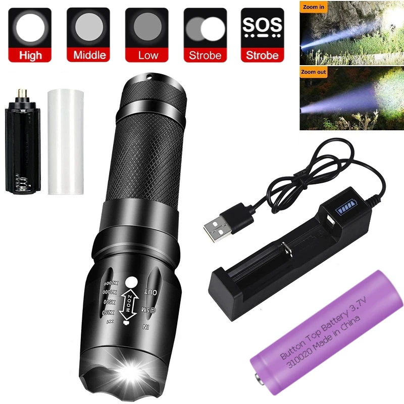 

Led Flashlight Set USB Single Slot Rechargable Battery Adjustable 5 Modes Torch for Hunting Climbing Biking