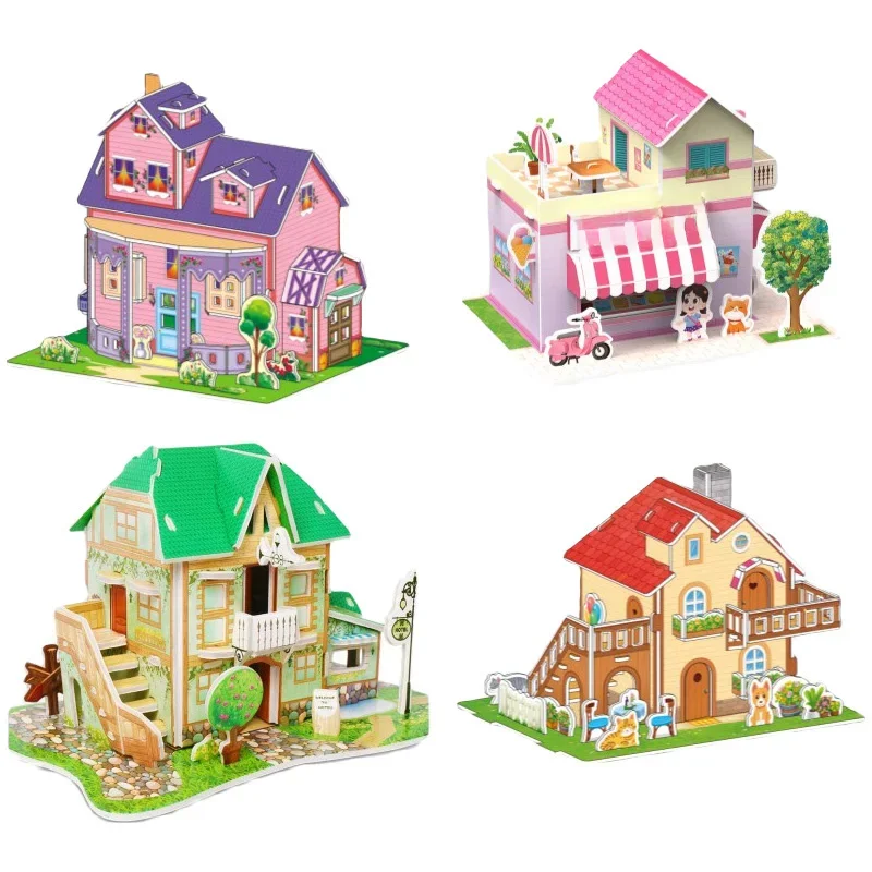 Puzzle tridimensionnel de dessin animé, jouets de bricolage faits à la main pour enfants, carte en papier, modèle de construction de Villa, décoration de bureau