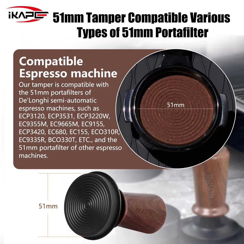 IKAPE Coffee Wooden Tamper V3, Espresso Walnut Tamper with Calibrated Spring Loaded And Titanium PVD Coating Base Fit 51/54/58mm