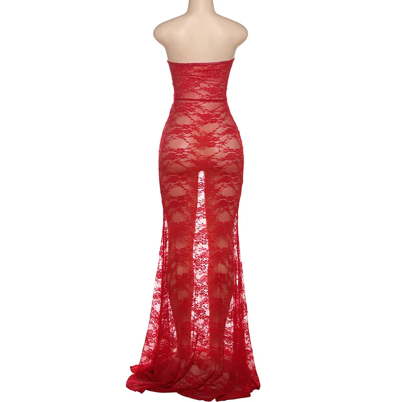 SKMY Solid Color Women Clothing 2025 Jesień Zima Nowa Siatkowa Sukienka Wieczorowa Seksowne Koronkowe Wydrążone Długie Sukienki Bez Ramiączek
