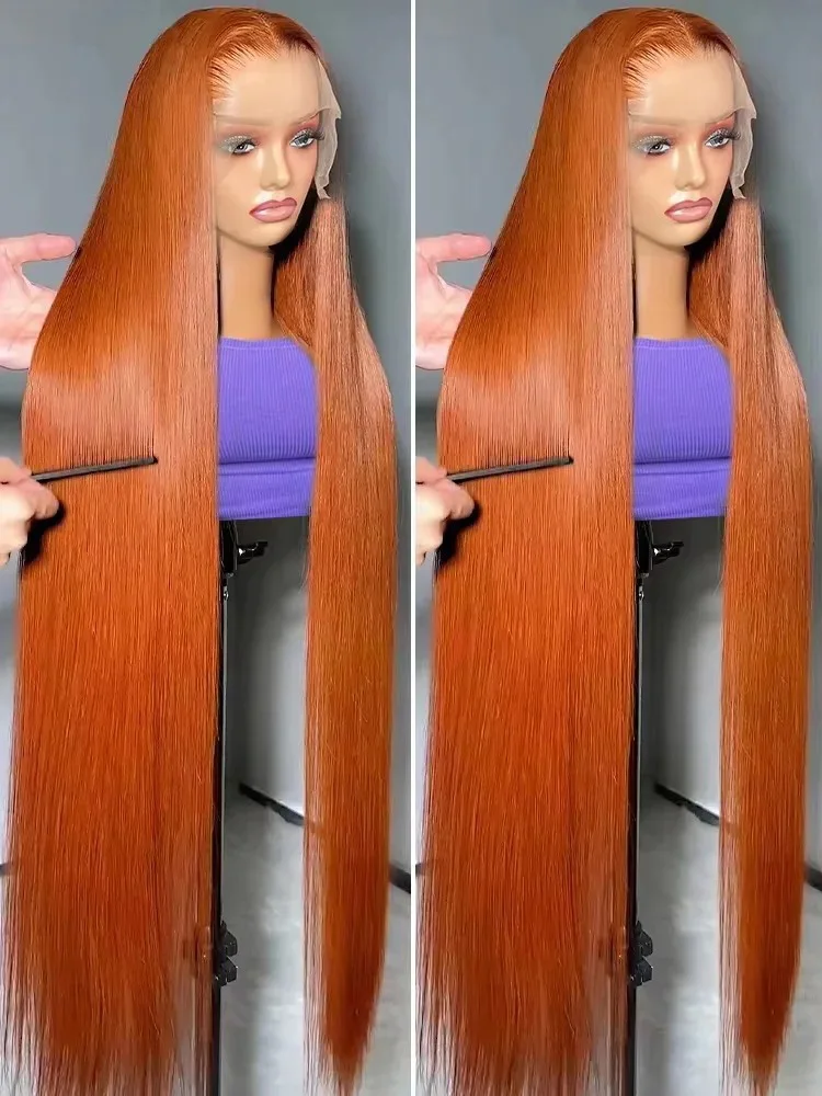 30 Inch Bone Straight Orange Ginger 13x6 HD Lace Front Human Hair Wig Pre Plucked 200 Density 13x4 Transparent Lace Frontal Wigs