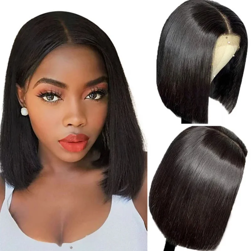 4x4 Short Bob Lace Front Glueless Human Hair Wigs Transparent Lace Closure Plucked Pre Cut 180% Density Short Bob Wigs For Women