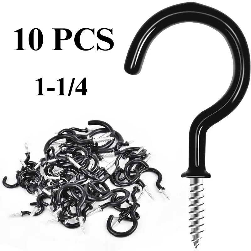 خطافات لولبية مطلية بالفينيل ، خطافات جدارية متعددة الوظائف للنباتات ، سلال ، مرآب ، في الداخل والخارج ، أسود ، 1-"، 10