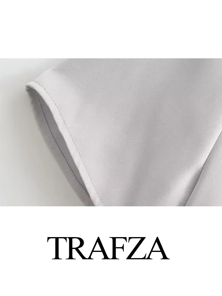 TRAFZA 2023 Women\'s Summer New Fashion Casual Street Wear Silver High Waist Slim Half Skirt Button Up Shirt Top Suit Female