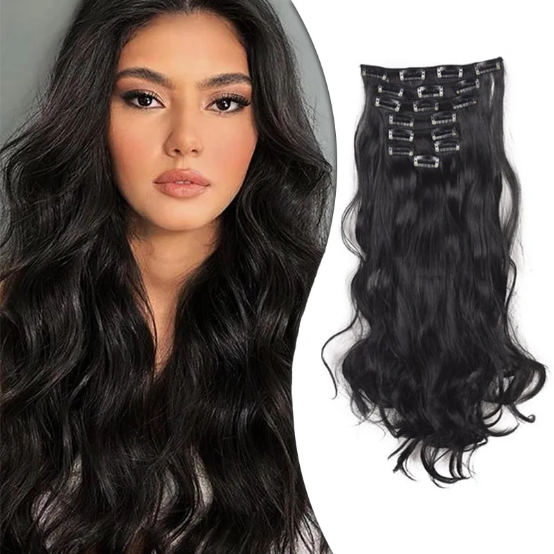 24In 8PCS Long Wavy Synthetic Hair Extensions Clip ins Thick Double Weft Hair Clip Extensions for Women Clip in Hair Extensions