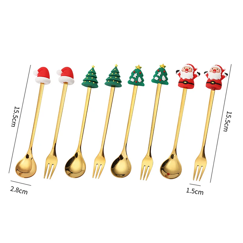 4PCS6PCS Christmas Gift Cutlery Spoon Fork Set Elk Tree Dessert Spoon Fruit Fork