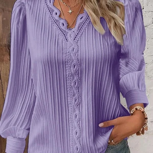 نسائي دانتيل خياطة قميص فضفاض على شكل V رقبة طويلة الأكمام كنزة صوفية بسيطة أنيقة الشيفون بلوزة الشارع بلوزة الخريف أعلى 8 مبيعات بلوزات أنيقة فاخرة - No3