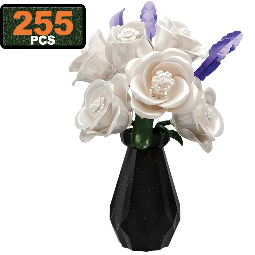 255PCS Stad Romantische Bewaarde Bloem Bouwstenen MOC Desktop Decoraties Zwart Witte Rozen Model Bricks Kinderen Speelgoed Meisje Gift