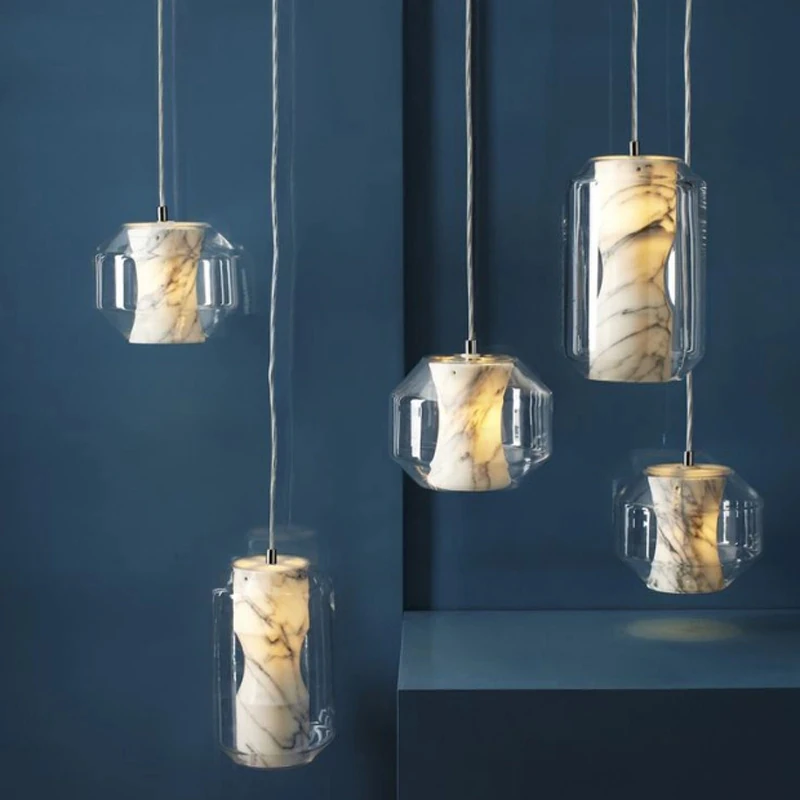 

Скандинавская Современная Белая Мраморная одинарная зеркальная прозрачная прикроватная лампа для гостиной стеклянная лампа E27 подвесной светильник