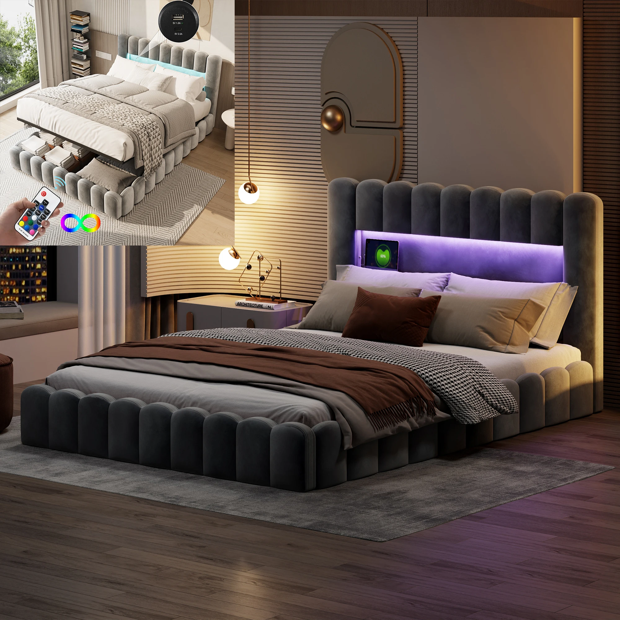 Rosahqnda Lit double hydraulique 180x200 cm Lit LED et USB avec rangement Lit d'invité rembourré Lit pour jeunes Velours