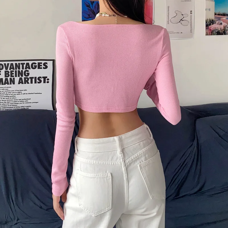 INSMIRCOGIRL Summer New Women Sweet Pink V-neck Knit Cardigan Ultra Short Slim Long Sleeved T Shirt Top Y2K Solid