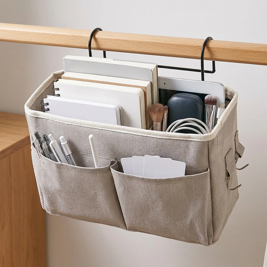 1 hanging bedside storage bag, wall mounted sorting bag with metal hook for storing small items