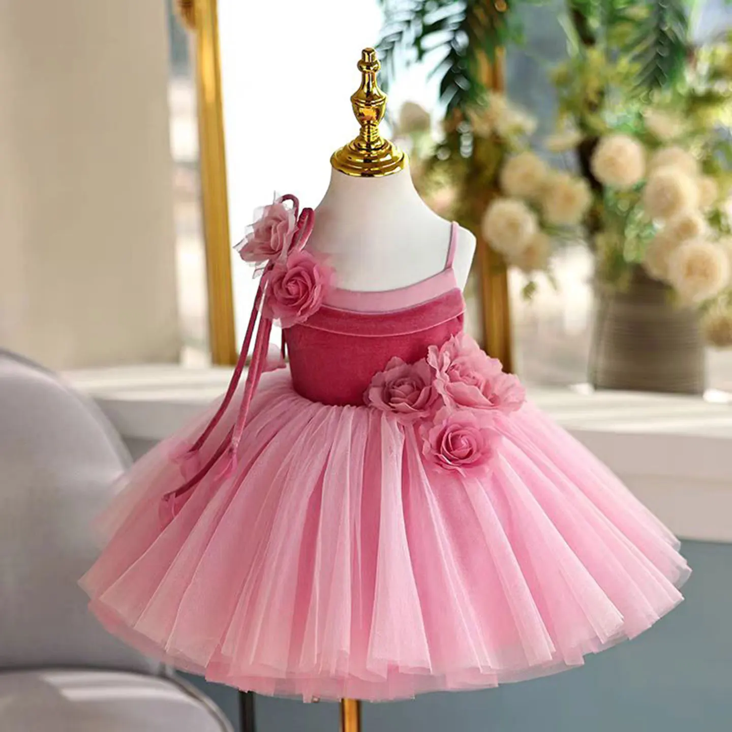 Jill Wish Fuchsia Girl Dress with Flowers Spaghetti Straps Princess Toddler Kids Wedding 1st Birthday Pageant Party Gown J447