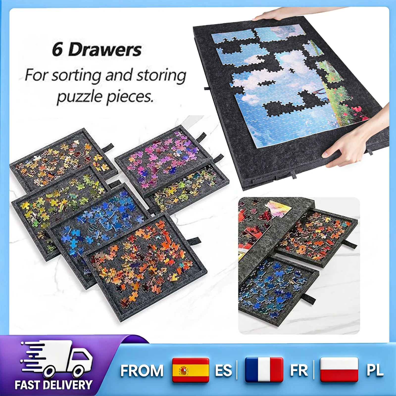 Planche à puzzle portable 2-en-1 avec 6 tiroirs, support inclinable, housse anti-poussière, organisateur de puzzles léger pour adultes, cadeau