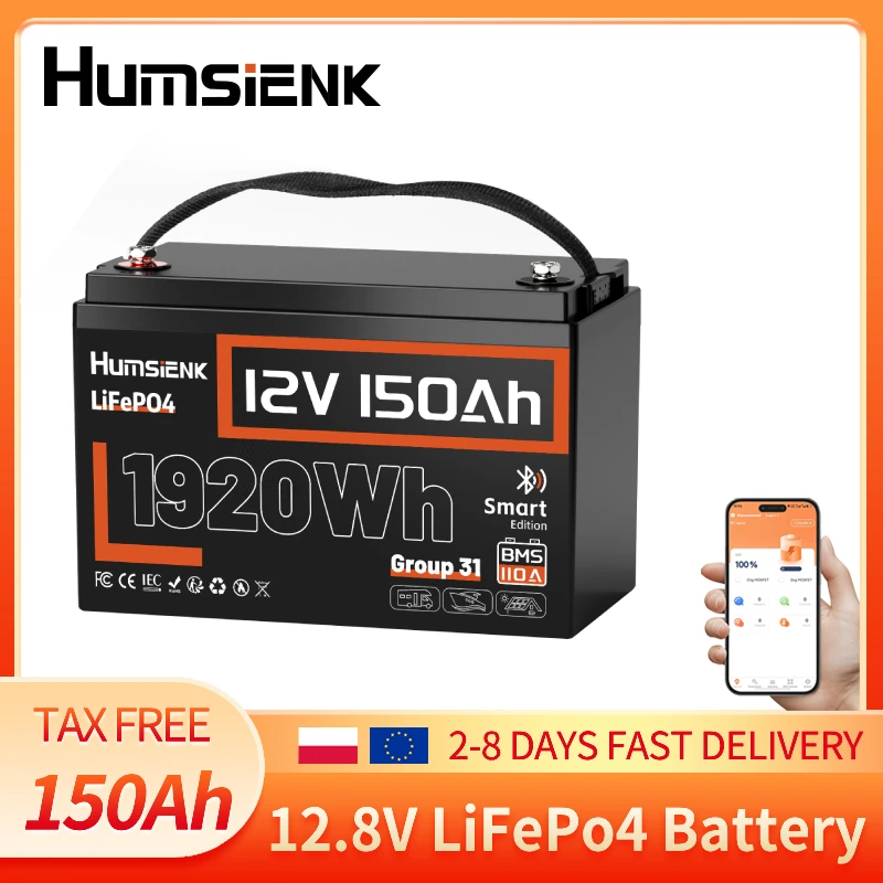 Batería de ciclo profundo de litio LiFePO4 Humsienk Bluetooth 12V 150Ah, batería recargable de fosfato de hierro y litio para aplicaciones solares, vehículos recreativos, marinas, camping y fuera de
