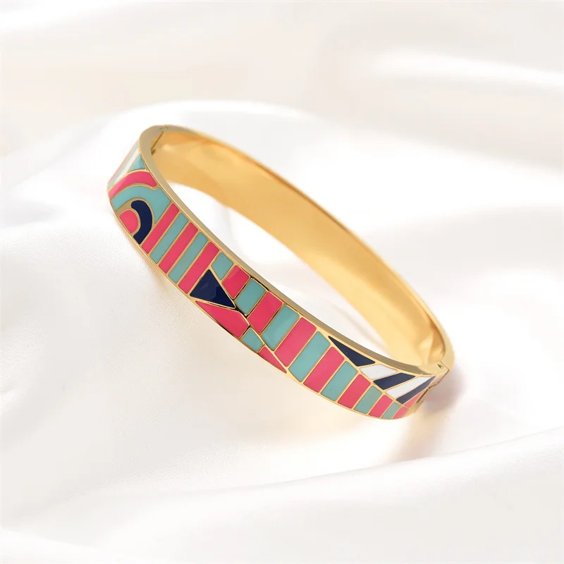 Top Selling Popular Stainless Steel Open Bangle For Women Gold Geometric Colorful Enamel Painted Bangles Wedding Jewelry Gifts