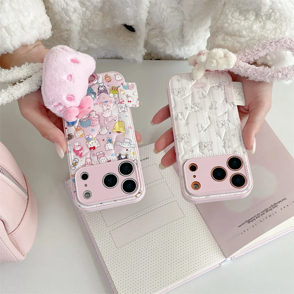 

New Cute Cloth Shell Pink Melody KT Cat Pendant Suitable for iPhone 17 Pro Max 14 15 16 13 Pro Max 16Pro Anti Drop Phone Case