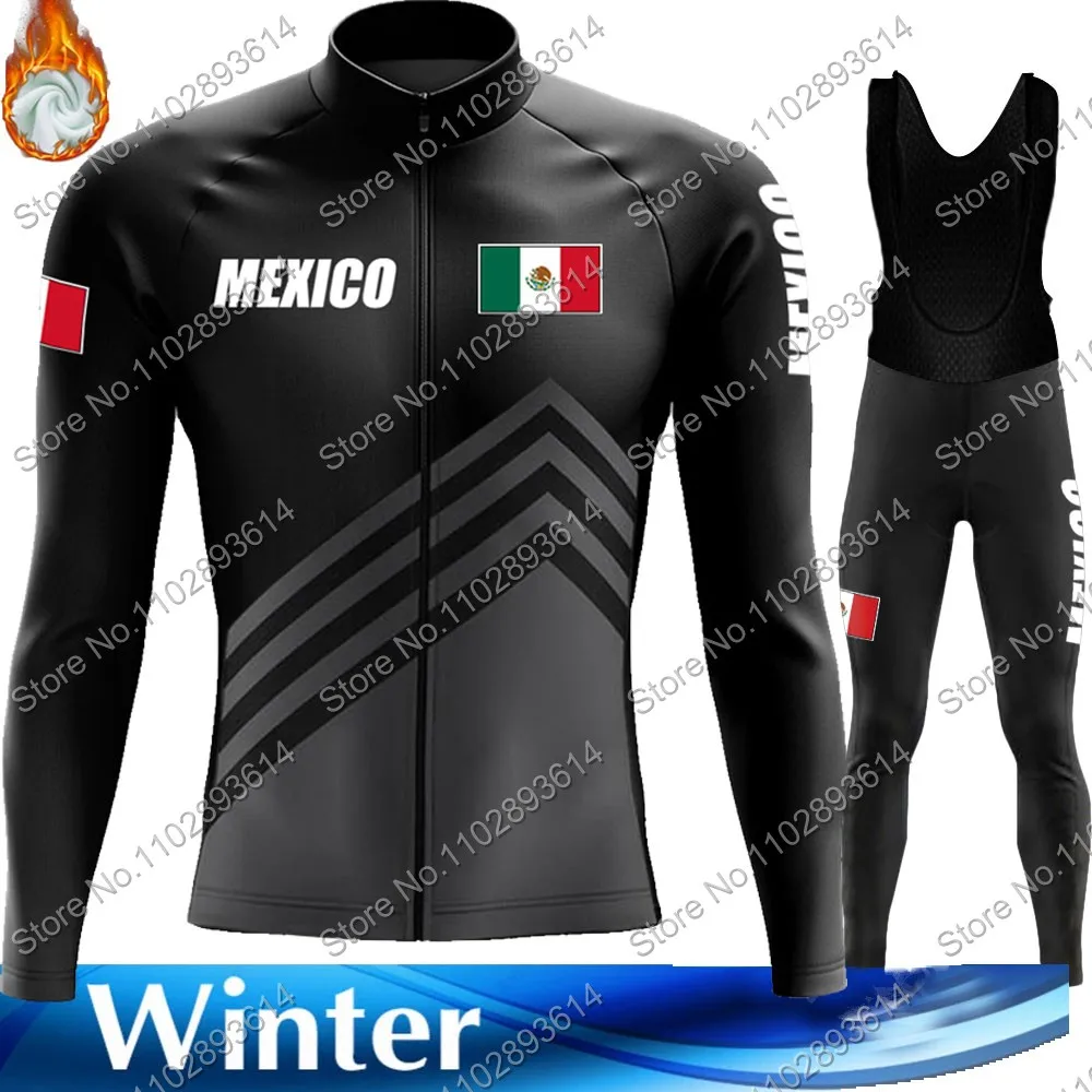 Winter Mexico National Team 2024 Cycling Jersey Mexican Set Mens Long Sleeve Clothing Suit MTB Bike Road Pants Bib Wear Kits