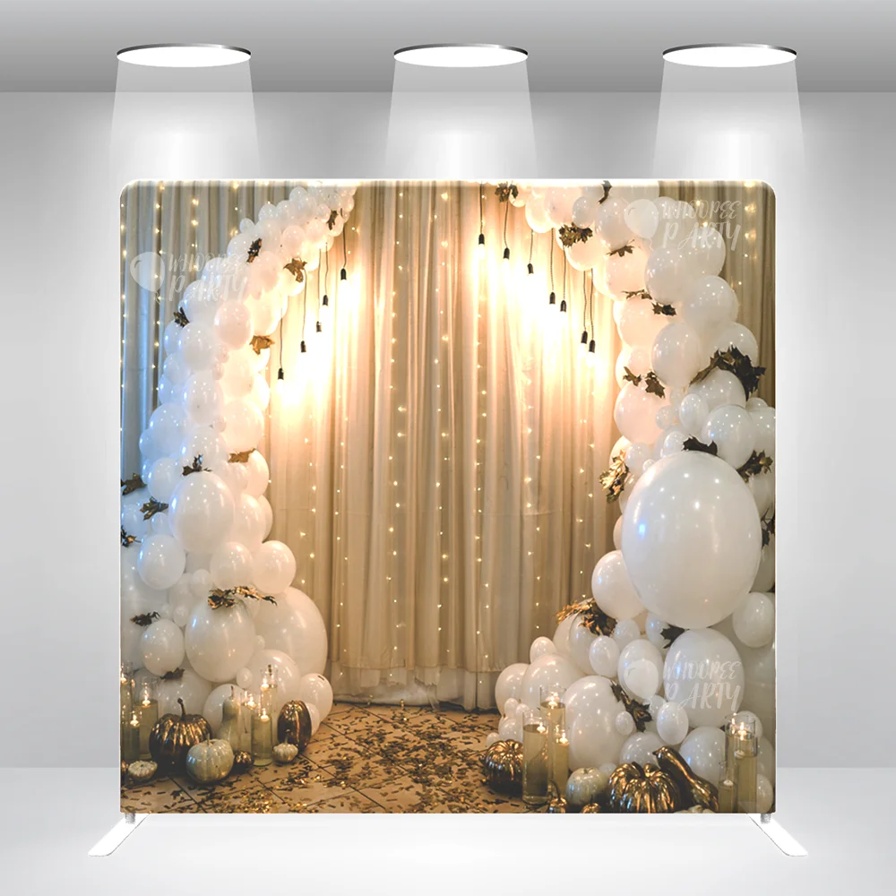 

White Balloons Candles Autumn Leaves And Small Pumpkins Wedding Bridal Shower Pillow Case Photo Booth BackdropCover